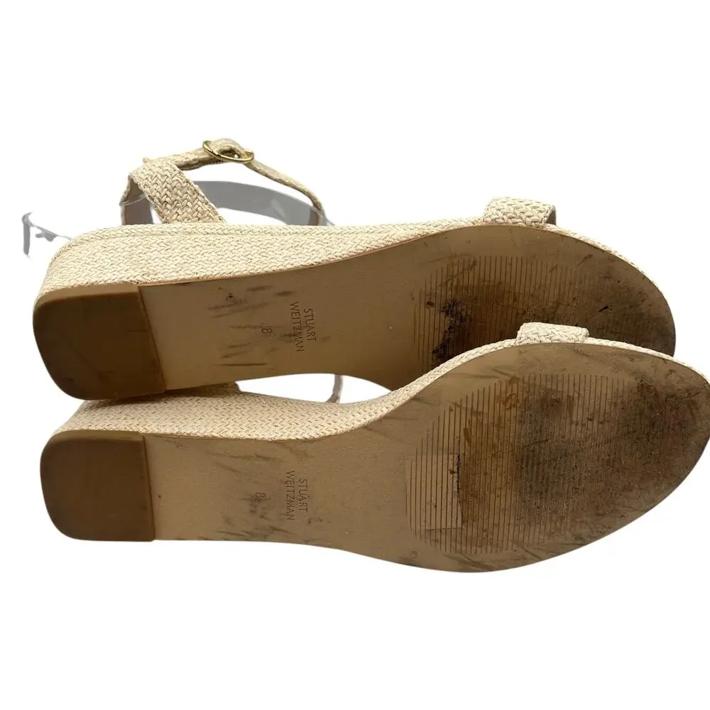 Stuart Weitzman Woven Raffia Ankle Strap Low Wedge Sandals Beige Size 8 - Picture 6 of 7